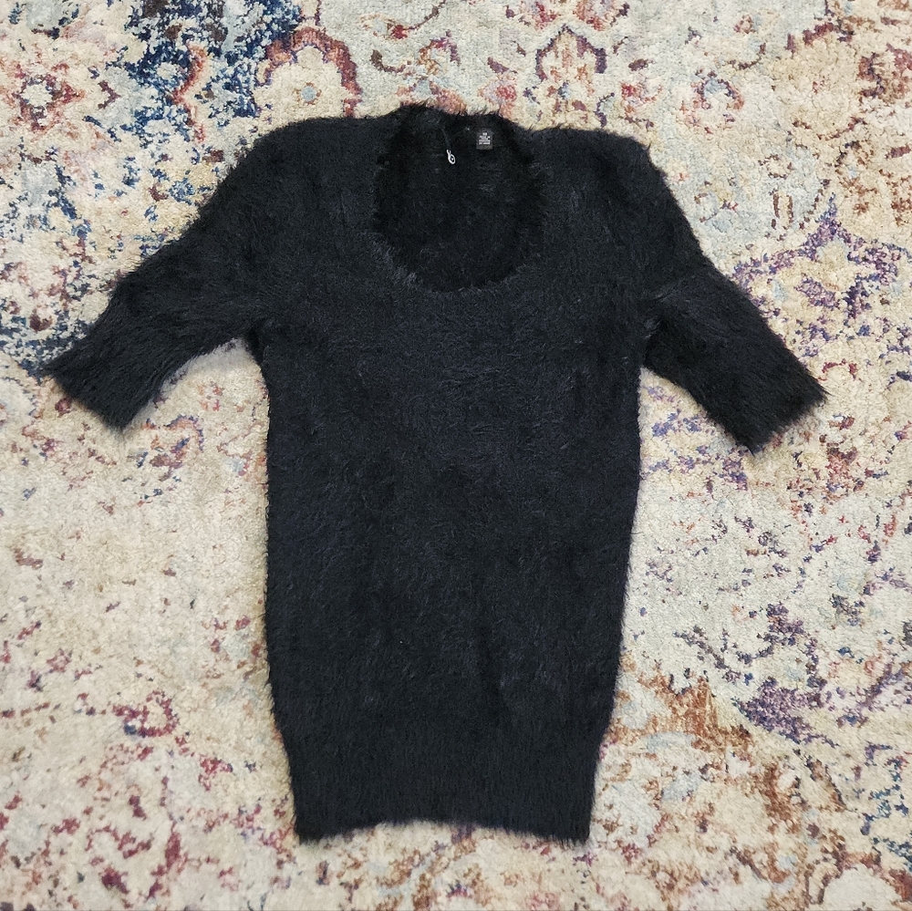 Anthropologie Knitted & Knotted Isola Black Sweater Eyelash Knit Scoop Sz XS